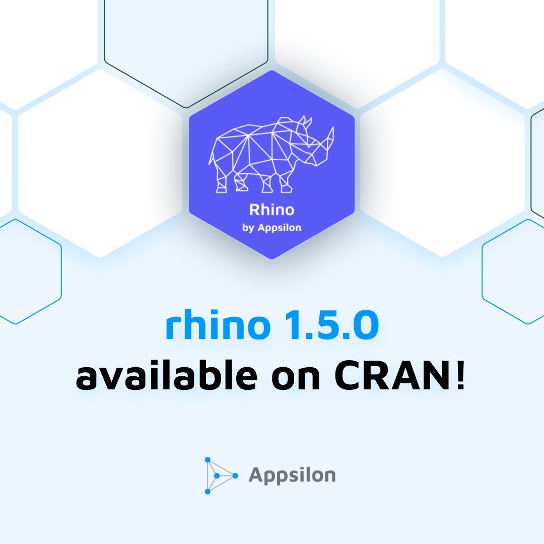 📢 Announcing {rhino} 1.5.0: A significant update to streamline your #RShiny development workflow within the #RStudio IDE. Dive in now!

Explore now:
Blog Post - appsilon.com/rhino-1-5-0-ad…
Documentation - appsilon.github.io/rhino/

#RStats #Rhinoverse