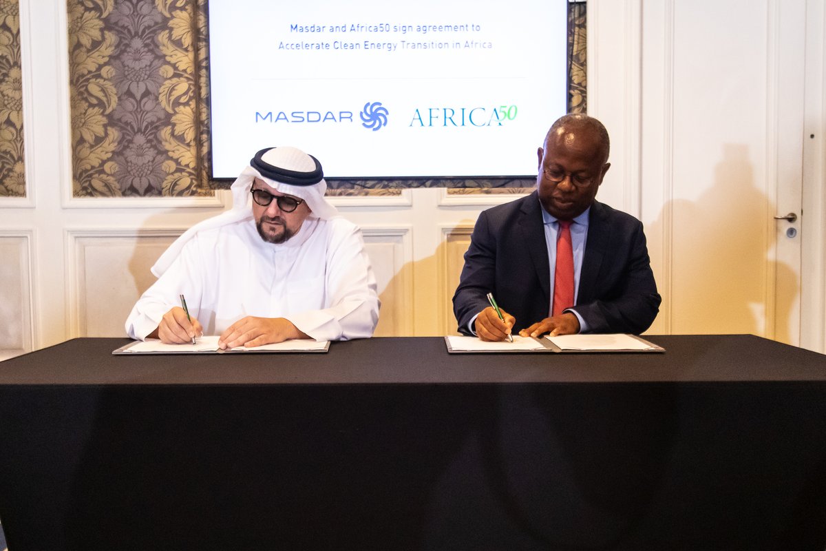 Africa50Infra's tweet image. #Africa50 signs MoU with Masdar (Abu Dhabi Future Energy Company) to identify, fast track and scale #energyprojects across #Africa. 
#africaclimatesummit23 
Read more here: rb.gy/ykka3