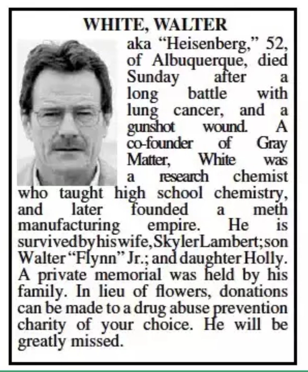 Happy Birthday and RIP Walter White 
Sept 7, 1958 - Sept 7, 2010