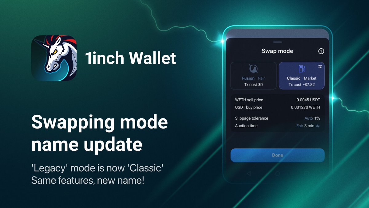 1inchWallet's tweet image. 5/ ⚠️ Note: the Legacy swapping mode has been renamed to Classic mode. This mode can be selected during token swaps. While #FusionMode eliminates the need for holding native tokens for fees, Classic mode follows the regular scenario of transaction execution.