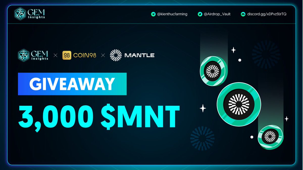 AI Adopt (@aiadopthq) on Twitter photo 🚨Gem Insights x <a href="/coin98_wallet/">Coin98 Super Wallet</a> x <a href="/0xMantle/">Mantle Network</a> Giveaway with a total prize pool of 3,000 $MNT🥳
Exclusive event, easy to play - easy to win!!!🚀
Let's go for it ➡️ zealy.io/c/airdropvault…
Details below👇
#Airdrop #Coin98 #MNT #GemInsights 🚨Gem Insights x <a href="/coin98_wallet/">Coin98 Super Wallet</a> x <a href="/0xMantle/">Mantle Network</a> Giveaway with a total prize pool of 3,000 $MNT🥳
Exclusive event, easy to play - easy to win!!!🚀
Let's go for it ➡️ zealy.io/c/airdropvault…
Details below👇
#Airdrop #Coin98 #MNT #GemInsights