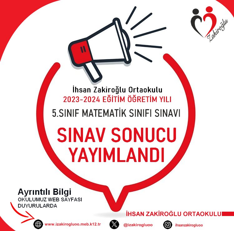 izakirogluoo's tweet photo. 2023-2024 Eğitim Öğretim Yılı İhsan Zakiroğlu Ortaokulu 5. Sınıflarda oluşturulacak olan Matematik Sınıfı Sınav sonuçları açıklanmıştır.Ayrıntılı bilgi okulumuz web sayfamızda duyurular sekmesinde. https://t.co/Qs8q8uMt5n