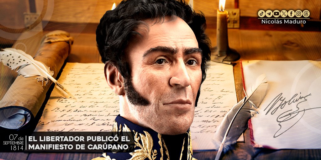 NicolasMaduro's tweet photo. En el marco de los eventos que provocaron la caída de la Segunda República, el Libertador Simón Bolívar escribió el Manifiesto de Carúpano, un llamado al despertar del Pueblo que sin darse cuenta, obraba contra su propio interés. 209 años después de aquellas reflexiones, retomamos la promesa de lealtad de Bolívar. No hay, ni habrá "potestad humana sobre la tierra" que pueda doblegar nuestra voluntad de ser libres.