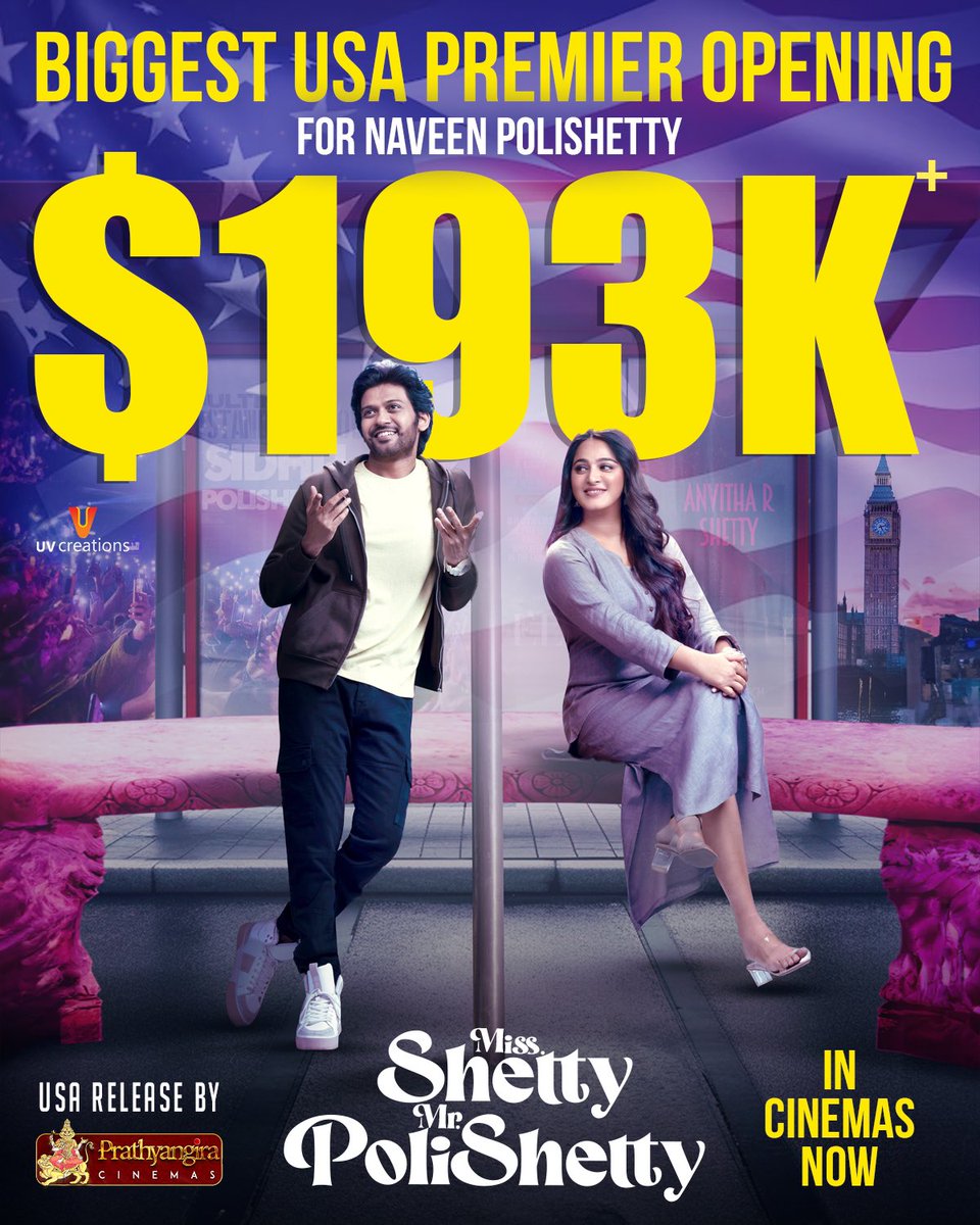 #MissShettyMrPolishetty opens big in the USA 🇺🇸

It marks the CAREER BIGGEST USA PREMIERES gross for our #NaveenPolishetty 🔥

A massive weekend is on the horizon 🤘🏻

#BlockbusterMSMP 

<a href="/MsAnushkaShetty/">Anushka Shetty</a> 
@naveenpolishety
<a href="/filmymahesh/">Mahesh Babu Pachigolla</a> <a href="/UV_Creations/">UV Creations</a> <a href="/PrathyangiraUS/">Prathyangira Cinemas</a>