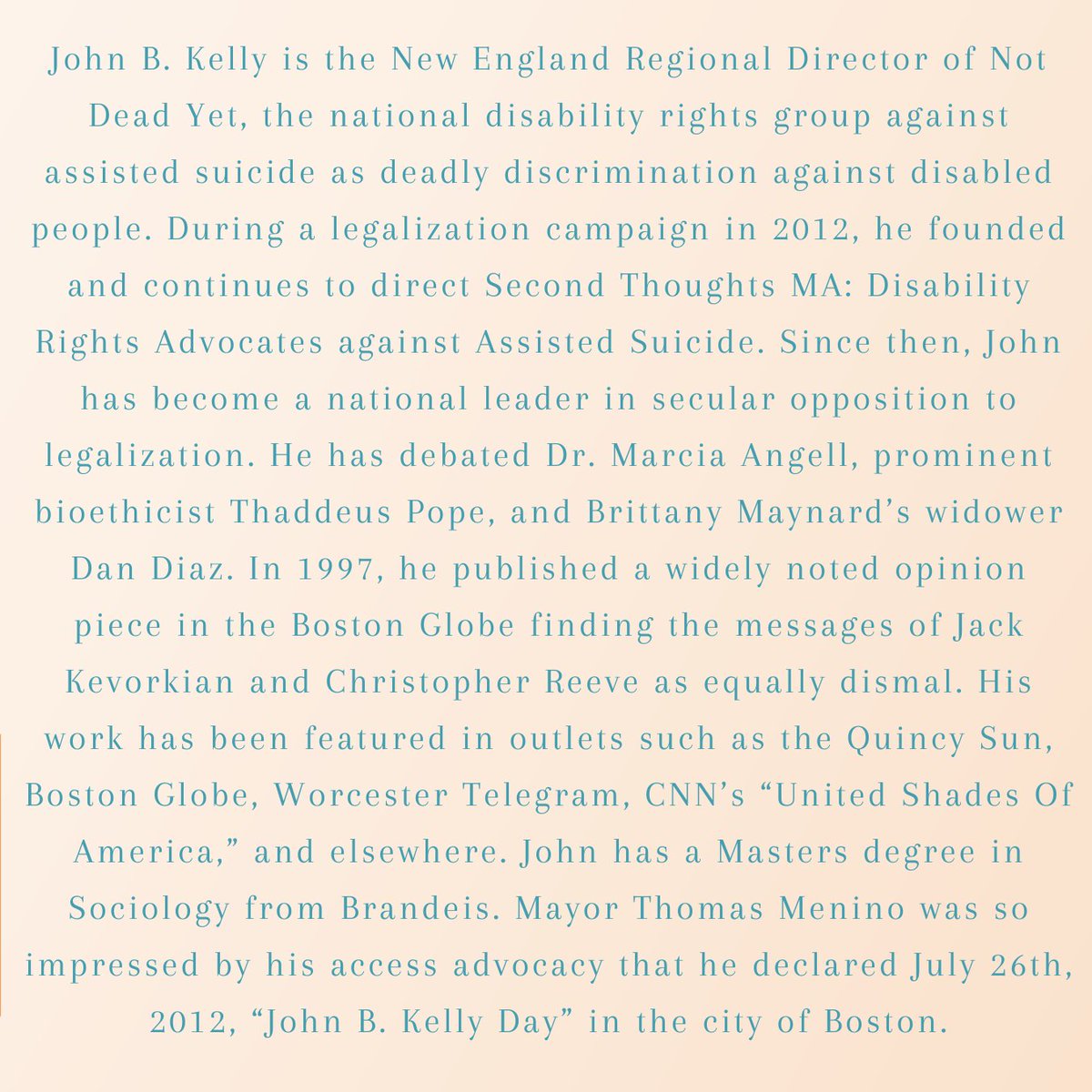 Meet John B. Kelly of Not Dead Yet. He is an incredible advocate for people with disabilities and works diligently to ensure protections for those at risk of being steered toward assisted suicide.

#EndAssistedSuicide #FalseChoice

(1/3)