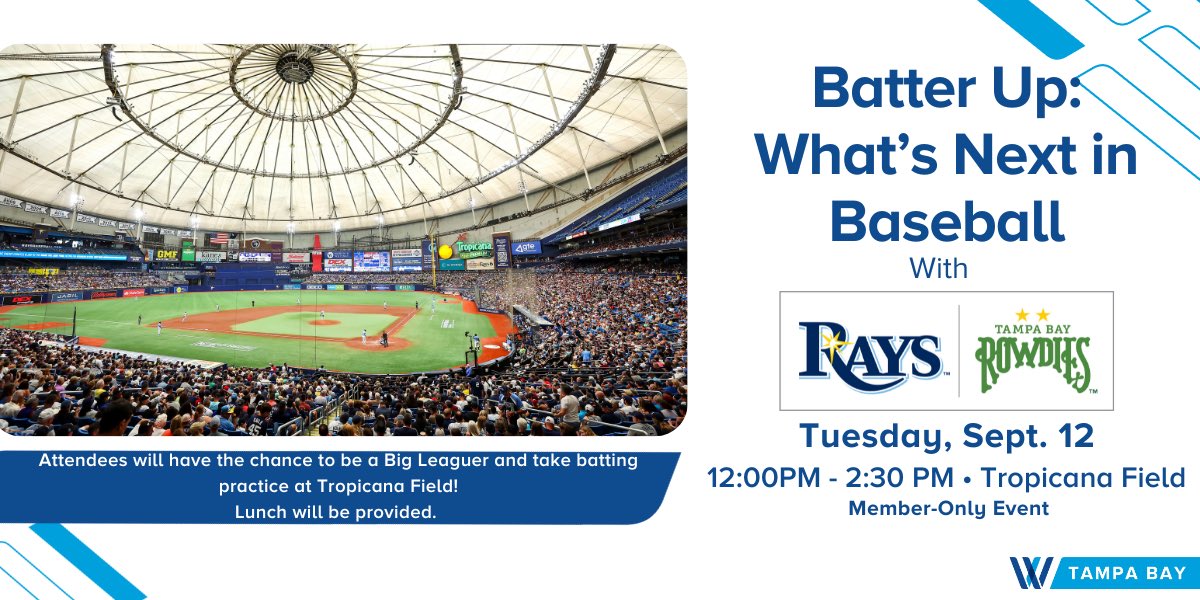 Batter up ⚾️ 🏟️ 

Join us to hear a panel of Rays and Rowdies leadership dive into the changes MLB initiated this off-season on the field and how the organization has shifted to remain competitive.

wisechapters.informz.net/z/cjUucD9taT0y…

 to RSVP ✍️ 
#WISE #Tampa #WomenInSports #Baseball