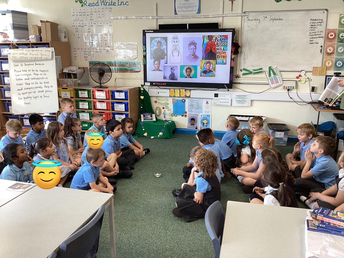 OurLadysCP's tweet photo. Some of our year 2 pupils have been leading their collective worship about St Josephine Bakhita, who is their class saint. #CST #CollectiveWorship #REInAction @OurLadyandAllS1 https://t.co/QUZwez6Ous