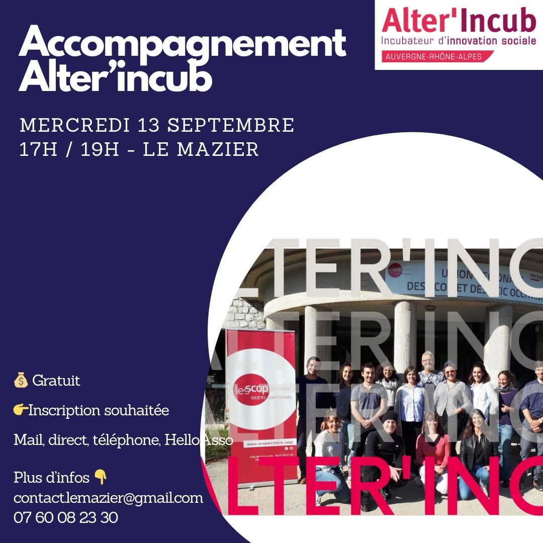 📷 Venez découvrir les nouveaux formats d’accompagnement de l’incubateur Alter'Incub Auvergne-Rhône Alpes
C'est mercredi 13 septembre de 17h à 19h au Mazier 📷
Pour celles et ceux qui ont des idées pour changer le monde ! 
#rencontre #accompagnement #projet #incubateur #auvergne
