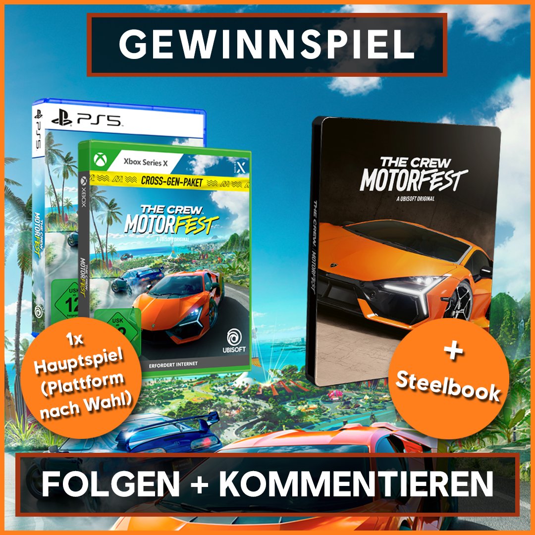 🔥 Gewinnt ein exklusives Steelbook 🔥 Um den großen Rennstart von #TheCrewMotorfest gebührend zu feiern, verlosen wir das Hauptspiel inn der Wunschplattform eurer Wahl mit edlem Steelbook! Was ihr tun müsst, um eine Chance auf den Gewinn zu erhalten?