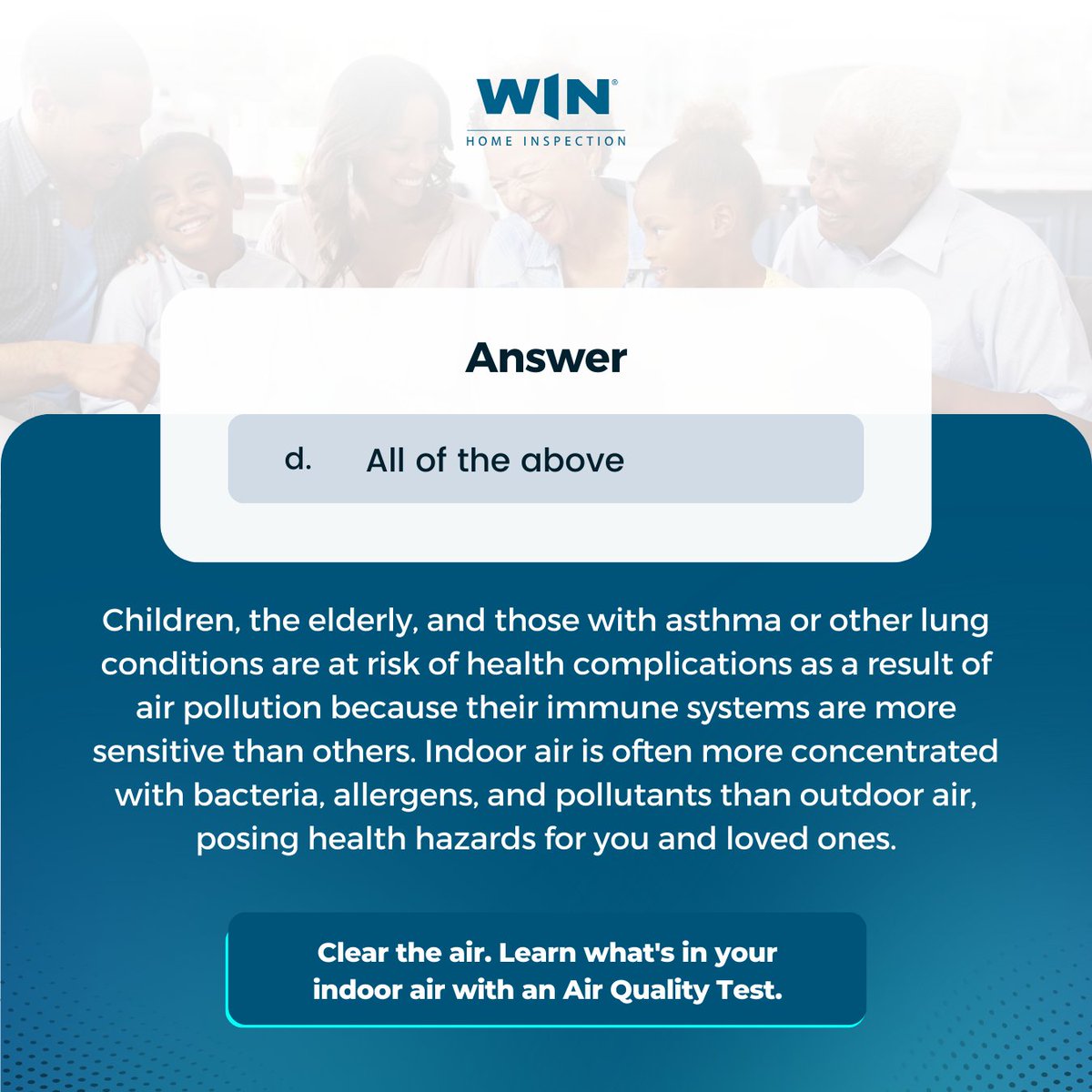 WINHomeInspect's tweet photo. Your indoor air quality is 6x more concentrated than outdoor air, wreaking havoc on the respiratory health of sensitive parties. An #AirQualityTest can identify 25+ harmful allergens in your air, including mold, so your family can breathe easy and stay healthy!
#airquality https://t.co/W4ETnjxnPH