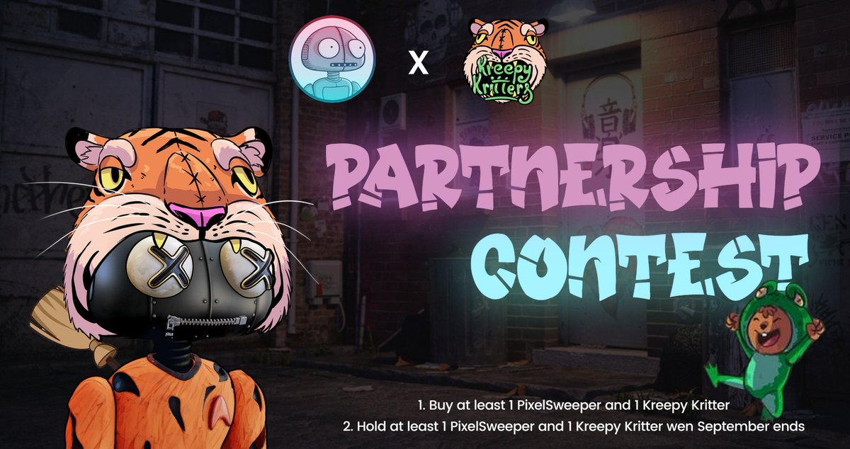 ⭐️ <a href="/PixelSweeper/">PixelSweeper 🧹</a> + @KreepyKritters Trading Contest! 
We are happy to announce we are teaming up to sponsor a collab <a href="/Bit5Official/">Bit5</a> Trading Contest! 

🎉 There will be 3 big prizes including a Kreepy &amp; 2 #SWPRs , nice ranks 😎

Learn more here 👇
t.me/pixelsweeper/3…

#BNBchain