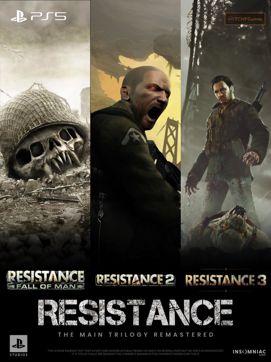 TCMF2's tweet photo. Resistance Trilogy Remastered for PS5 needs to be a thing 

It’s about to be 17 years since the launch of Fall of man and these classics should be remastered. 

It’s been more than enough time. 

Resistance 1 - November 11 2006 
Resistance 2 - November 4 2008
Resistance 3 - September 6 2011 ( yesterday marks 12 years ! ) 

- PS5Themes | PlayStation