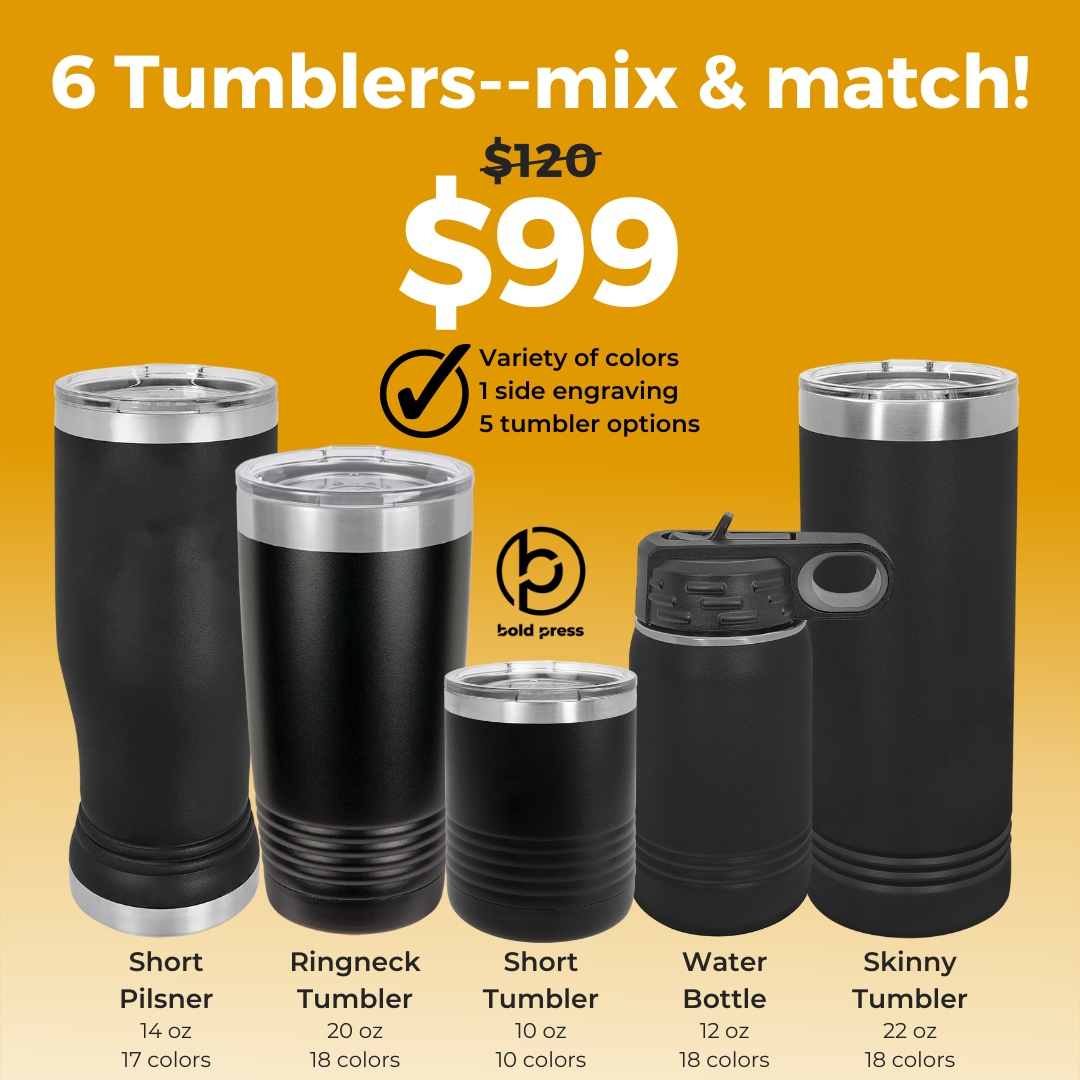 myboldpress's tweet photo. No design ideas? No problem! Let Bold Press help you design that special tumbler with our $99 mix and match tumbler sale! Choose 6 tumblers from 5 different sizes and a variety of colors...we'll help make the magic happen! Learn more: https://t.co/YWB404SzSW

#myboldpress #eng... https://t.co/9e7Jd4N7aa