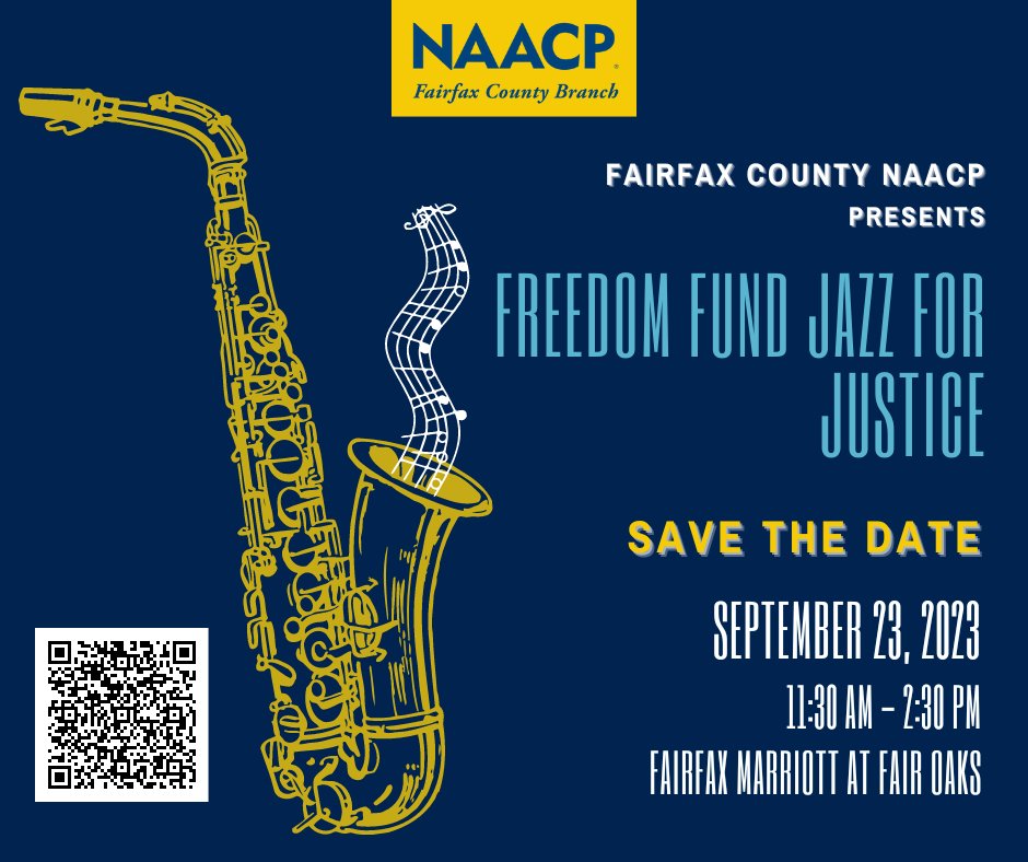 FairfaxNAACP's tweet photo. Join us on September 23, 2023, for 'Freedom Fund Jazz for JUSTICE! Tickets &amp; sponsorships are available now. Experience live jazz by Common Ground, and unite for positive change. 
#FairfaxCountyNAACP #FreedomFund #JazzforJustice

Secure your spot now!
https://t.co/sIBK0BF9Aj https://t.co/OqY9SvrQn9