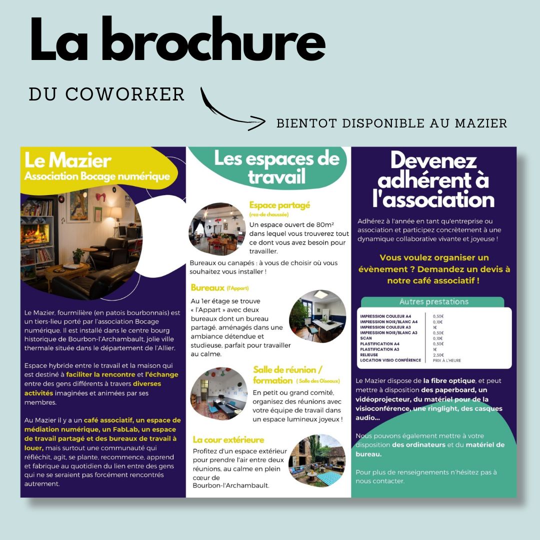🎉La brochure - Travaillez au Mazier !
#Entrepreneur .es, #salarié.es, #entreprises, #associations, #étudiant.es..., vous cherchez un endroit pour venir travailler 1h, 1jour, 1mois, 1an ?

⏳ Brochure papier bientôt disponible !
#coworking #entrepreneur #tierslieu
