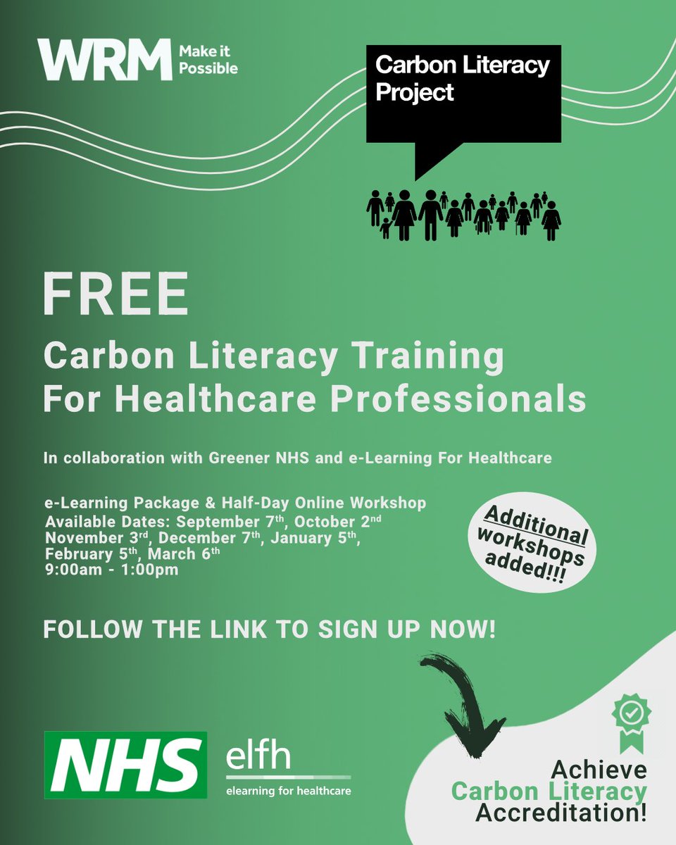 More Carbon Literacy workshops coming soon for healthcare professionals!

New dates:
- 7th December
- 5th January
- 5th February
- 6th March

Let's get Carbon Literate!

lnkd.in/e7hmcreY