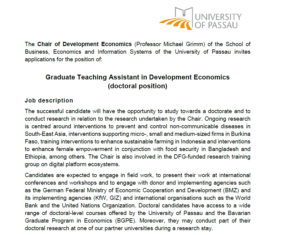 PhD Position in Development Economics in beautiful Passau! Focus is on applied and empirical microeconomics, often involving work in the field. Apply until Oct 06. uni-passau.de/fileadmin/doku…