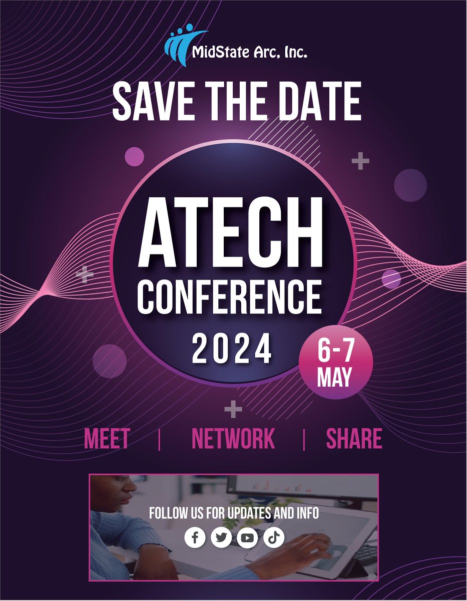 SAVE THE DATE - MAY 6-7, 2024 - ATECH Conference! Last year's was a huge success with amazing speakers and packed with information. Follow us for details. #ATECH2024 #TechnologyConference #AssitiveTechnology #Independence #Future