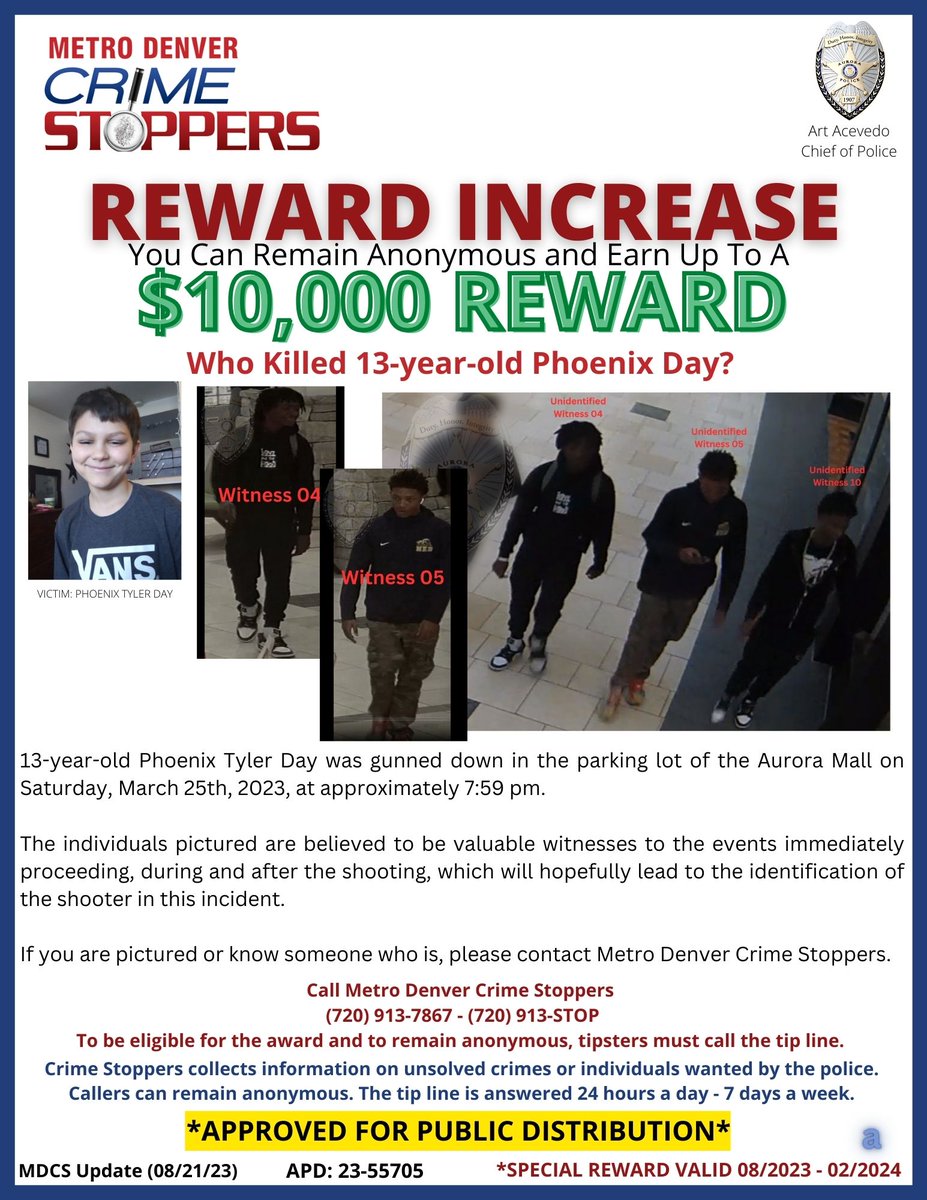CrimeStoppersCO's tweet photo. #justiceforphoenix Recognize anyone? @AuroraCOPD would like to speak with these potential witnesses in hopes of bringing for the family of this 13-year-old who was gunned down outside of the Aurora Mall. Remain Anonymous, $$$$ Reward! #safecolorado #stopcocrime #CrimeStoppers https://t.co/w31TX2XwPG
