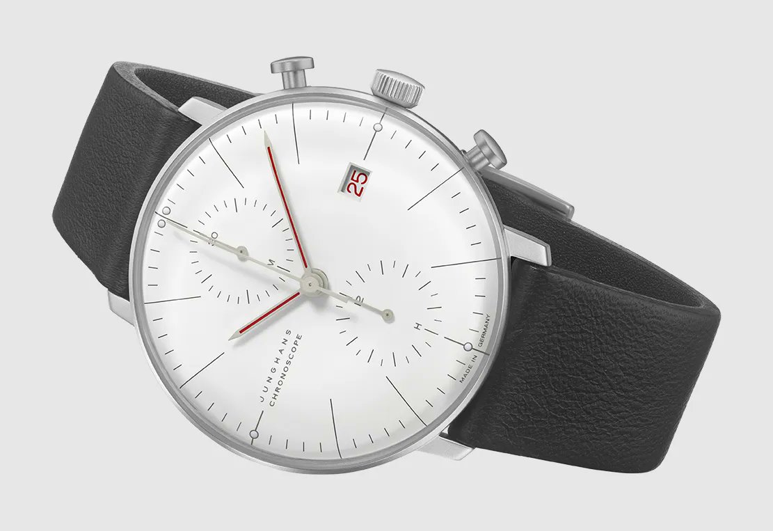 WatchShowcase's tweet photo. If you're looking for a minimalist, easy-to-read, and effective watch, the #Junghans Max Bill Chronoscope Bauhaus is a great choice. #watches #watchoftheday #wotd https://t.co/OGL4baP0Da