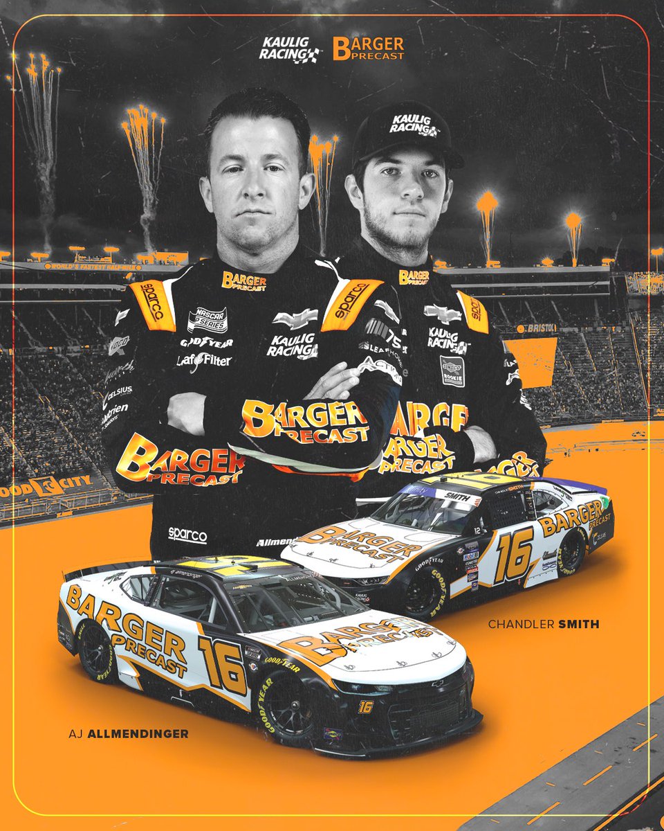 KauligRacing's tweet photo. 🟠 Twice as nice! ⚫️

@BargerPrecast returns to Kaulig Racing on back-to-back nights at @ItsBristolBaby with @AJDinger and @CSmithDrive!

#BassProShopsNightRace | #FoodCity300 | #TrophyHunting https://t.co/kDsx9G9ovf