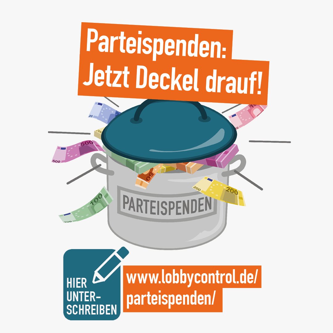 #Parteispenden deckeln: ✏️Jetzt Appell unterschreiben!
In Deutschland sind #Spenden in beliebiger Höhe an #Parteien erlaubt. So können Reiche und Lobbyisten ihren Interessen deutlich mehr Gewicht verleihen. Deshalb muss ein #Deckel auf die Spenden. 
👉lobbycontrol.de/parteispendend…