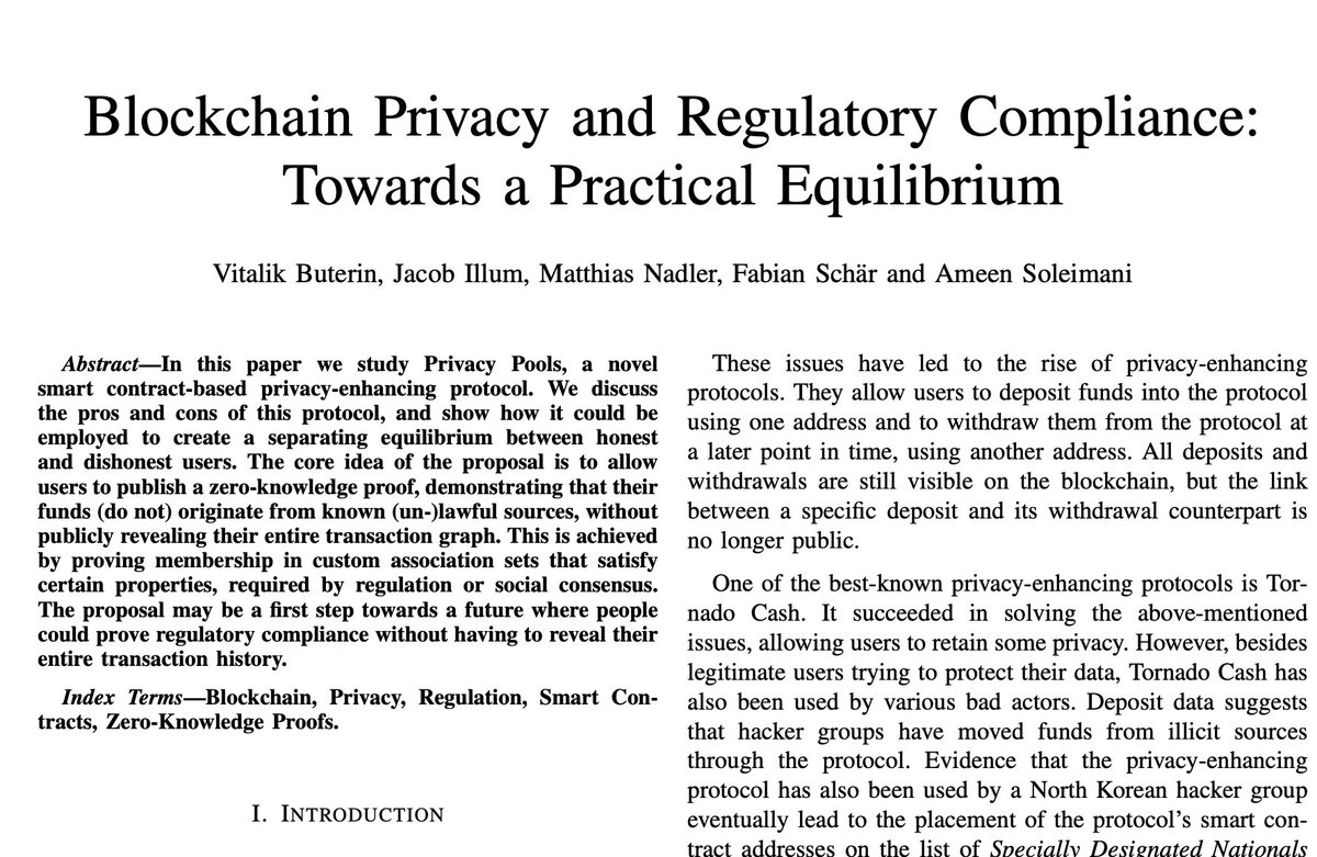 criptolawyer's tweet image. 🚨🚨ULTIMA HORA🚨🚨

@VitalikButerin junto a uno de los funders de @TornadoCash, proponen PRIVACY POOLS. 

Un protocolo similar a tornado cash pero 100% COMPLIANT con regulaciones globales. 

Es decir, una especie de mixer en donde &quot;las transacciones sean mezcladas para ocultar…