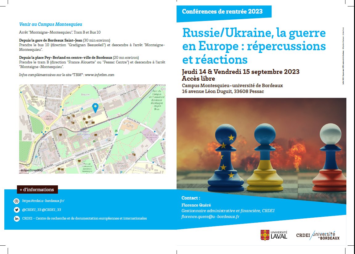 CRDEI_33's tweet photo. conférences de rentrée "Russie/Ukraine, la guerre en Europe : répercussions et réactions" pour les masters 2 des mentions droit international et européen 14 et 15/09/23
conclusions Etienne de Poncins ancien Ambassadeur de France à Kiev https://t.co/BUMTuvUzgq