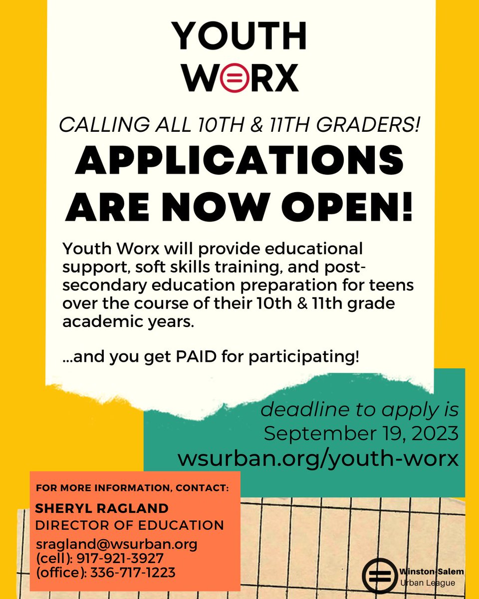 🗣️ Calling all 10th &amp; 11th graders!

Our Youth Worx program provides educational support, soft skills training, &amp; post-secondary education prep for teens during their 10th &amp; 11th grade academic years! 

Apply today at wsurban.org/youth-worx | Deadline to apply is September 19
