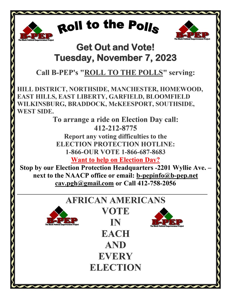 CEIRPittsburgh's tweet photo. Get Out and Vote! If you need a ride on Election Day (TUE NOV 7), call 412-212-8775. African Americans - Vote in EACH and EVERY Election! https://t.co/iVVVfLPP0t