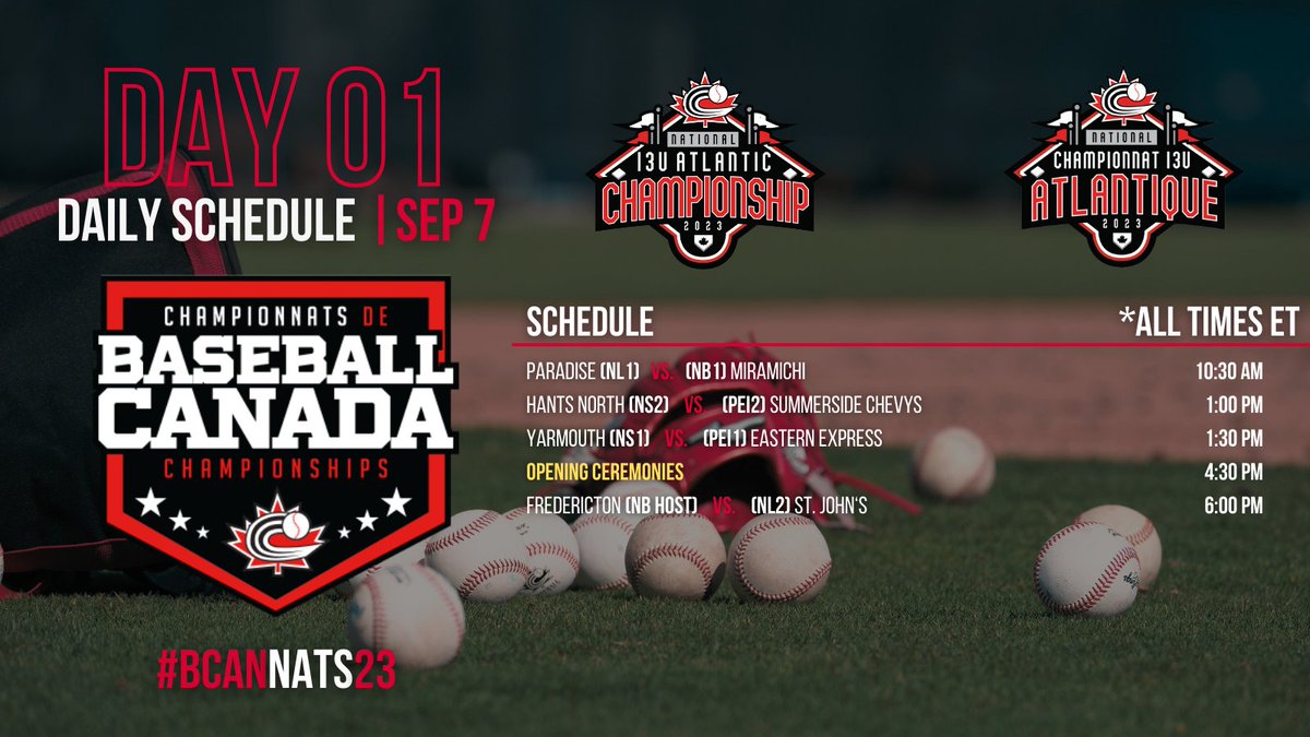 The last #BaseballCanada National Championship of the summer gets underway today!🇨🇦🏆 

Follow all the action of the 13U Atlantic Championship🔽

📺 bit.ly/3Prc7pI
📊 bit.ly/3r5w1gK

#BCanNats23