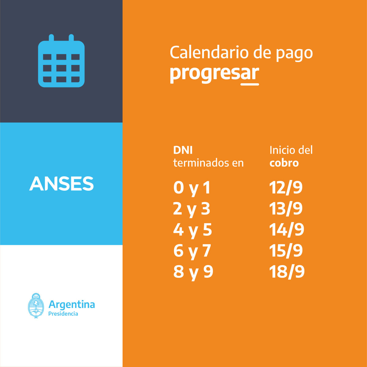 ansesgob's tweet photo. CALENDARIO DE PAGO PROGRESAR

🗓️ El 12 de septiembre comienza el cronograma de pago de las becas Progresar.

📲 Podés consultar tu fecha de cobro ingresando en Mi ANSES con tu Clave de la Seguridad Social, en la sección Cobros > Consultar fecha y lugar de cobro. https://t.co/pxPoi9M7xy