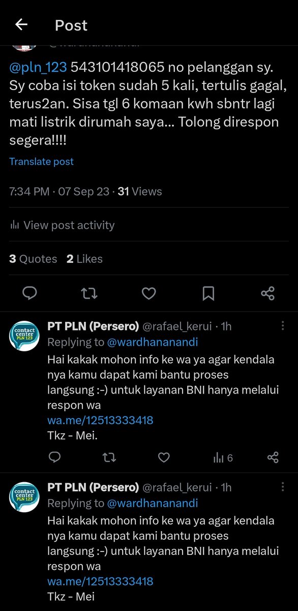 wardhananandi's tweet photo. @pln_123 Hati2 dengan no. WA dibawah, akun palsu. Tolong pihak @pln_123 agar ditindaklanjuti.. 🙏🙏🙏👌 https://t.co/xn8h3oPuTX