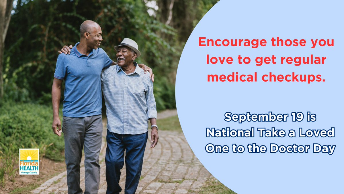 DohOrange's tweet photo. The 3rd Tuesday of September is #TakeALovedOneToTheDoctorDay
Just a friendly reminder to help a family member, friend, or neighbor visit a health care professional.
Regular doctor visits are an important aspect of preventative health. https://t.co/xbiOS1sjGt