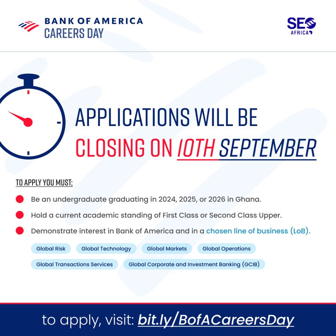 Applications for the Bank of America Careers Day close in 3 days! Don’t miss out on this exclusive opportunity to network with Bank of America staff, gain insights into the bank’s values and operations, and discover internship… (1/2)