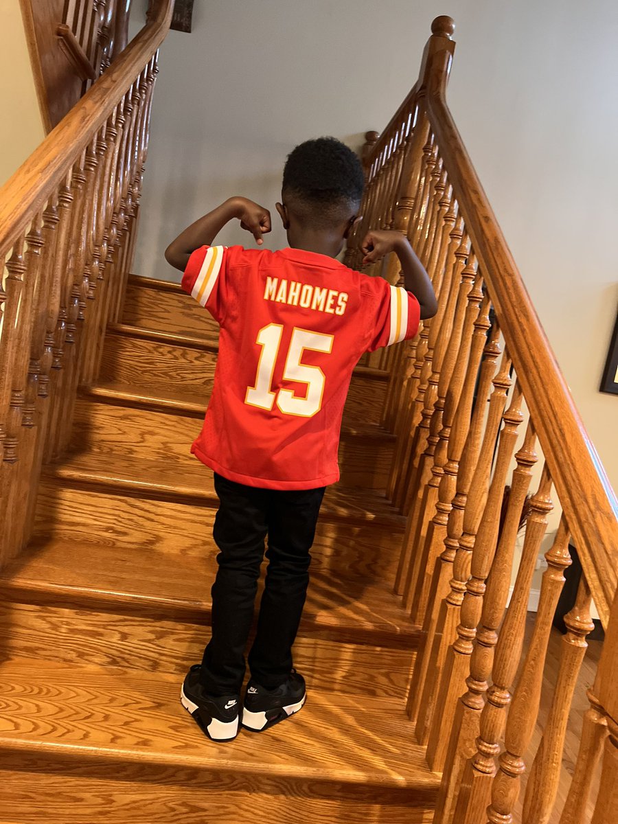 Someone is ready for football season! We are team @PatrickMahomes tonight!!! #NFL