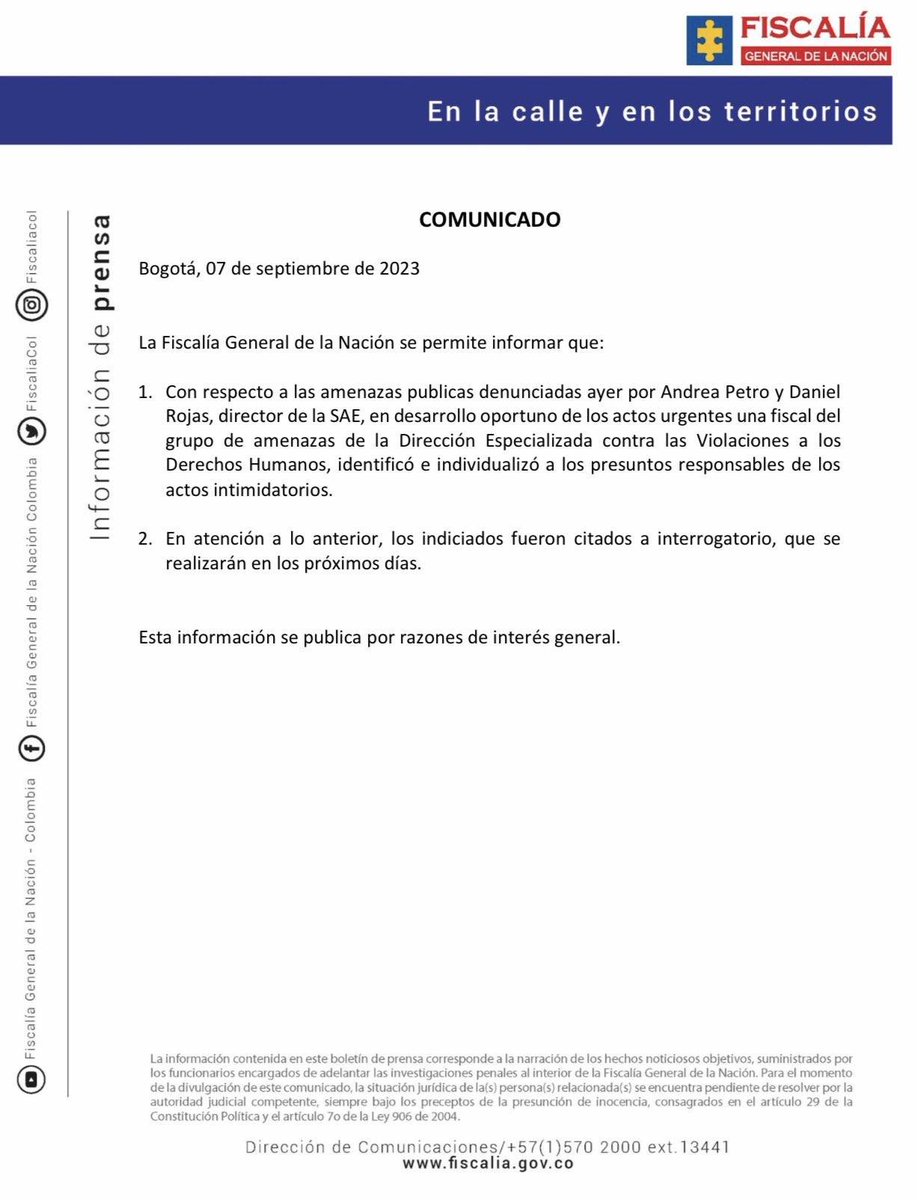 La <a href="/FiscaliaCol/">Fiscalía Colombia</a> informó que ya tienen identificados e individualizados a los presuntos responsables de las amenazas de muerte a Andrea Petro, hija del presidente Gustavo Petro y a Daniel Rojas, director de la Sociedad de Activos Especiales (SAE).