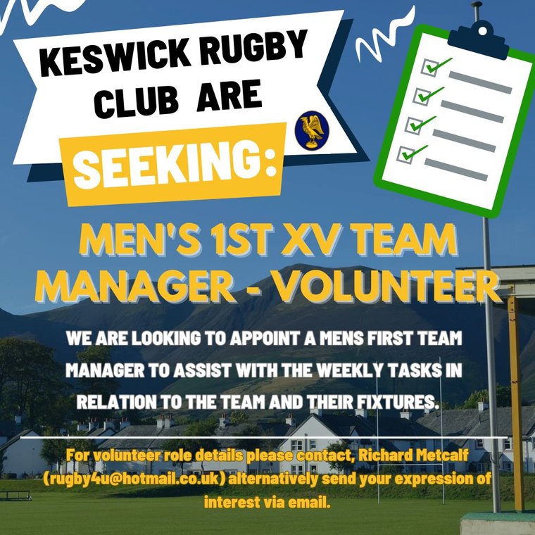 KeswickRugby's tweet photo. Team Manager Volunteer Role #Pitchero
https://t.co/4qlsM9zntd https://t.co/jjzOGbslAH