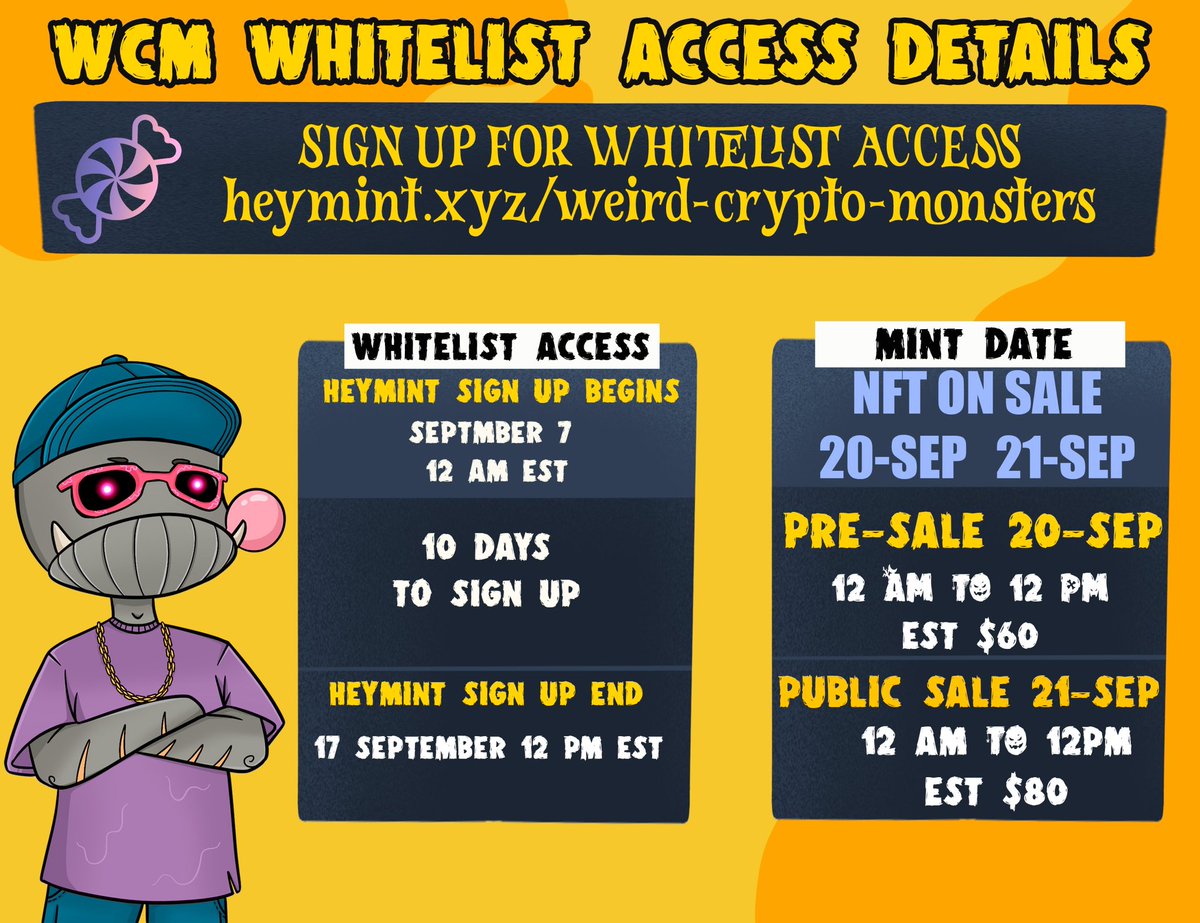 #whitelist ALERT 🚨 👹

I would like to introduce you to an #NFT project that has caught my attention recently and will certainly be very valuable. Meet with <a href="/wcmonsters/">Weird Crypto Monsters 👹</a>, they definitly deserve your full attention!🔥

👉 Link: heymint.xyz/weird-crypto-m…

Join them on this haunting