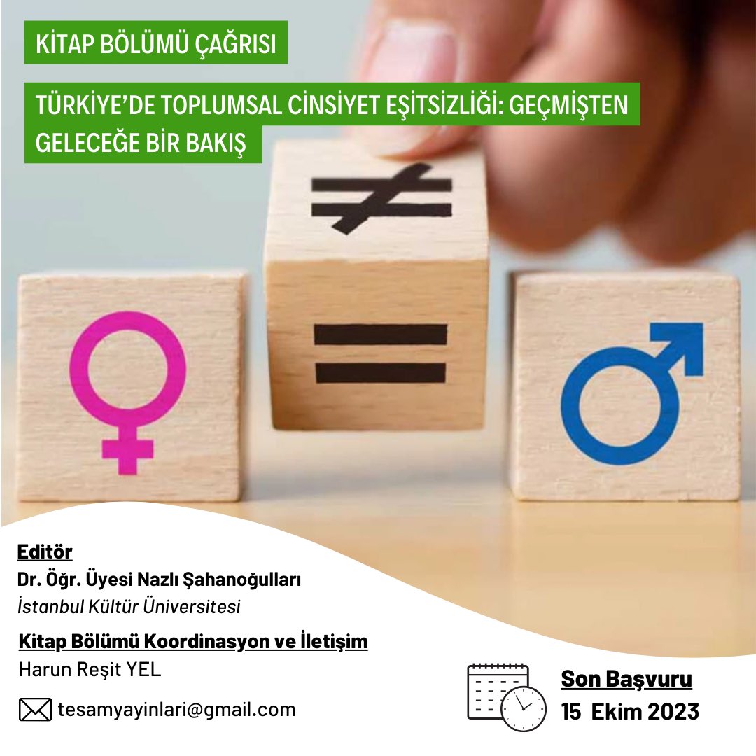 tesamtr's tweet photo. Türkiye’de Toplumsal Cinsiyet Eşitsizliği: Geçmişten Geleceğe Bir Bakış

 Kitap Bölüm Yazarlığı Çağrısı
Editör:
Dr. Öğr. Üyesi Nazlı ŞAHANOĞULLARI
@nazlisahanoglu 

Özetlerin Gönderilmesi İçin Son Tarih
15 Ekim 2023
Detaylar için linke  tıklayınız.
https://t.co/PvqRl0ieu5 https://t.co/uSxx8DkpQL