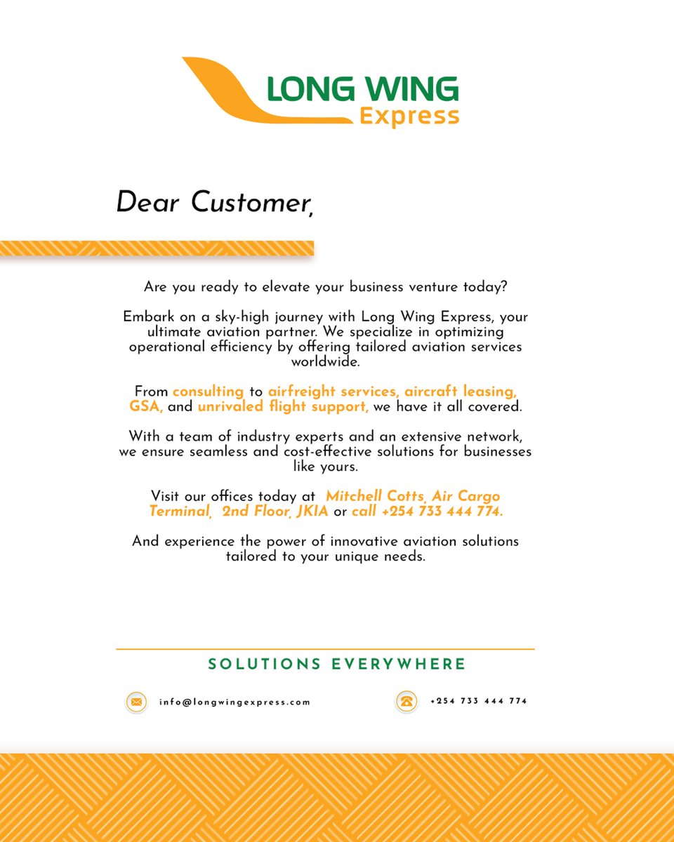LongWing254's tweet photo. Are you tired of making all the arrangements for your logistics needs? Look No Further, Long Wing Express has got you covered.

#airfreight #cargo #gsa #flightsupport #leasing #consulting #aircraft #privatejet #charter #aviation #longwingexpress https://t.co/zKbeOOKmiJ