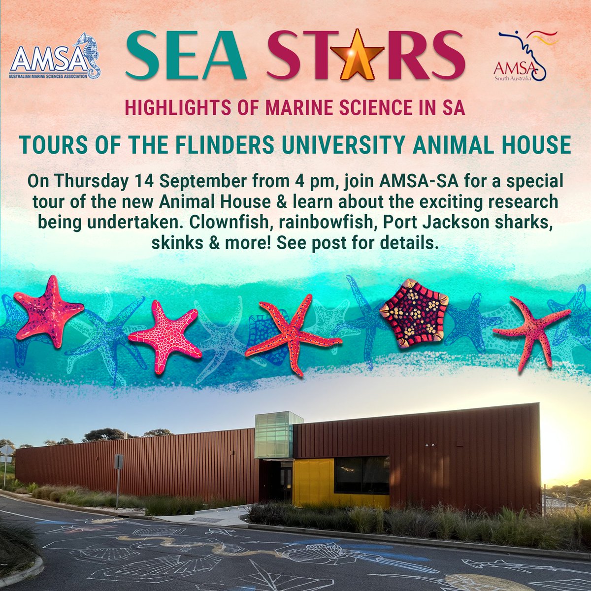 'Sea Stars' Event #2 is just under a week away! On Thursday 14 September, join AMSA-SA for a special tour of the Flinders University Animal House. Learn about clownfish, rainbowfish, Port Jackson sharks, skinks and more! Tickets and event details: bit.ly/3Kzuy8U