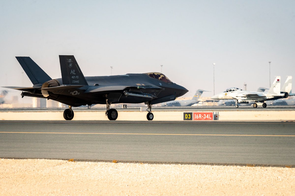 USAFCENT's tweet image. .@usairforce 421st Fighter Squadron #F35s were at the @grandslamwing to strengthen partnerships &amp;amp; foster collaboration with Qatar Emiri Air Force conducting missions to promote regional security &amp;amp; safeguard freedom of navigation in the region

@CENTCOM @388fw #PartnerForStrength
