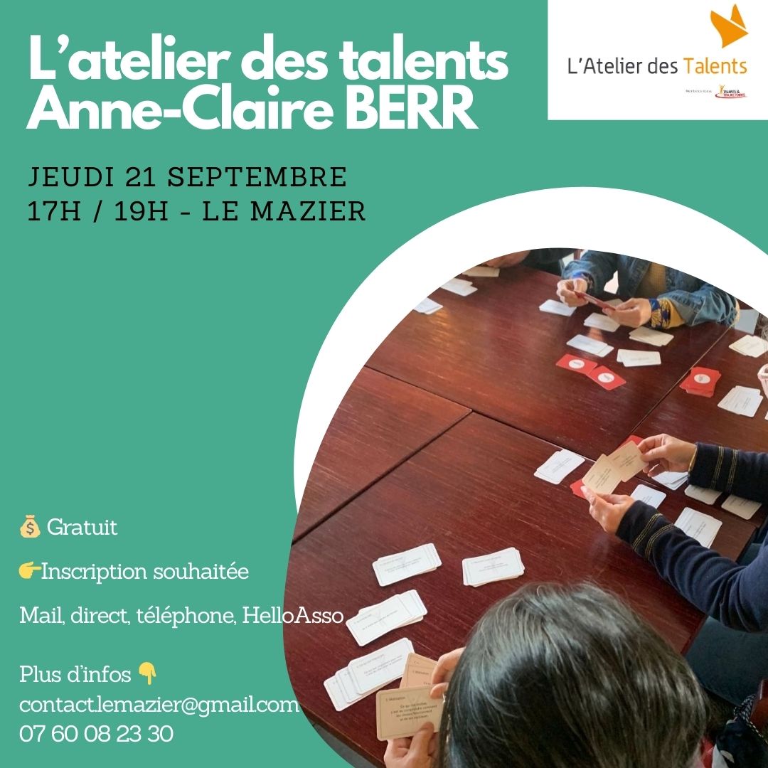 🚀L'atelier des Talents par Anne-Claire Berr

Offrez-vous le temps d'un café des talents autour d'un jeu simple et d'un temps d'échanges, venez découvrir les élans qui vous animent lorsque vous transformez le monde par votre activité !

Jeudi 21 septembre de 17h à 19h au Mazier