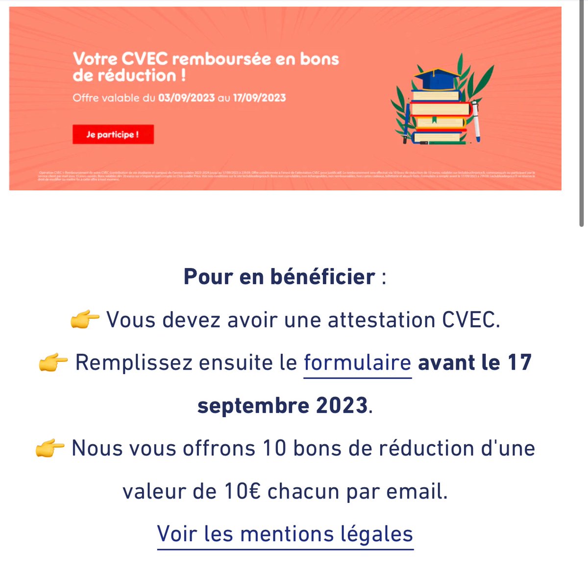 CerfiaFR's tweet image. 🇫🇷🛒 BON PLAN | Si vous avez payé la #CVEC de 100€ cette année, vous pouvez être éligible à 10 bons de réduction de 10€ chez Leader Price via un formulaire. 

N’attendez pas, c’est jusqu’au 17 septembre ! 🐀