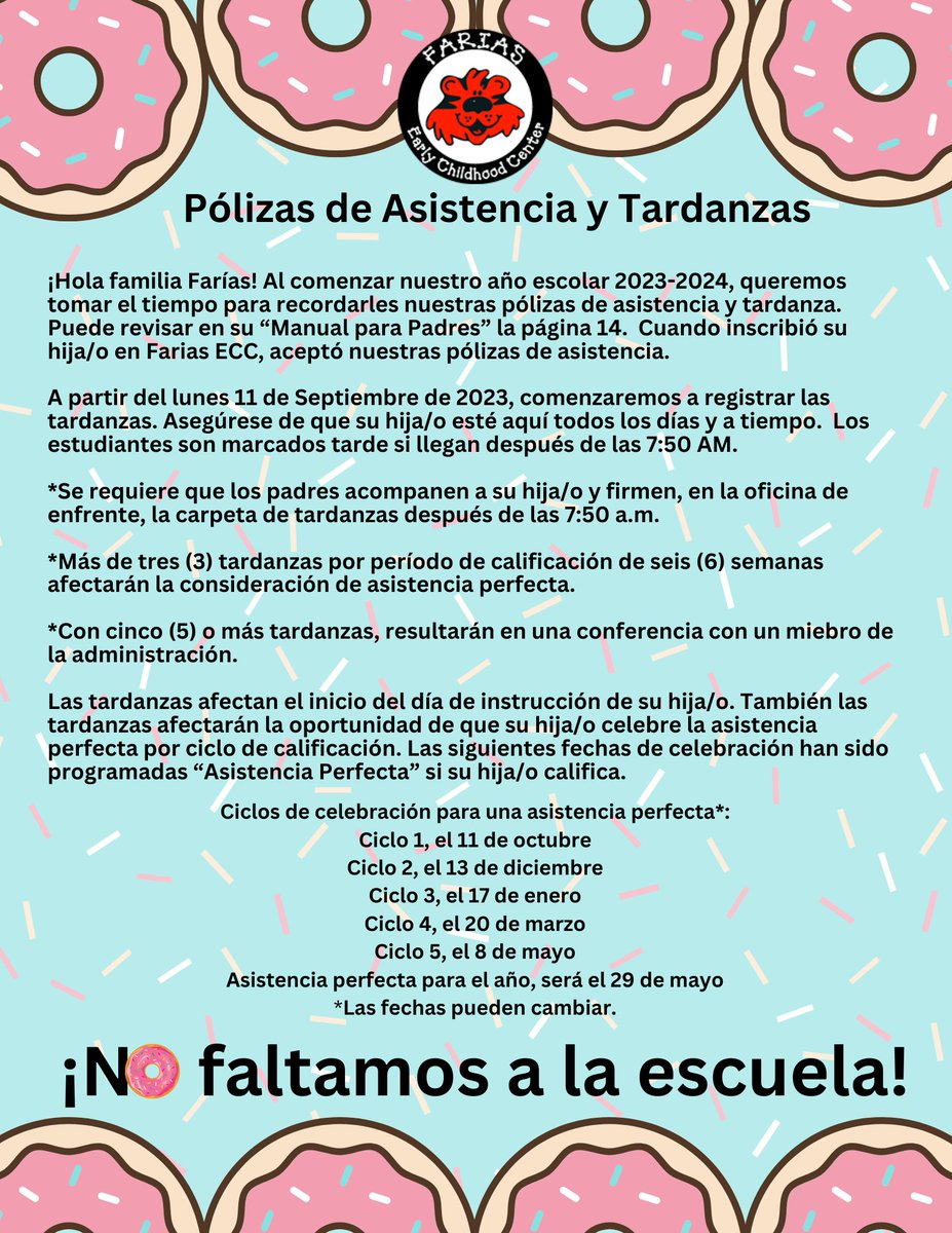 A special message from our Registrar Ms. Villarreal for all @FARIASECC parents regarding the school tardy and attendance policy. Help up meet our attendance goal this year by supporting your child's healthy attendance habits.