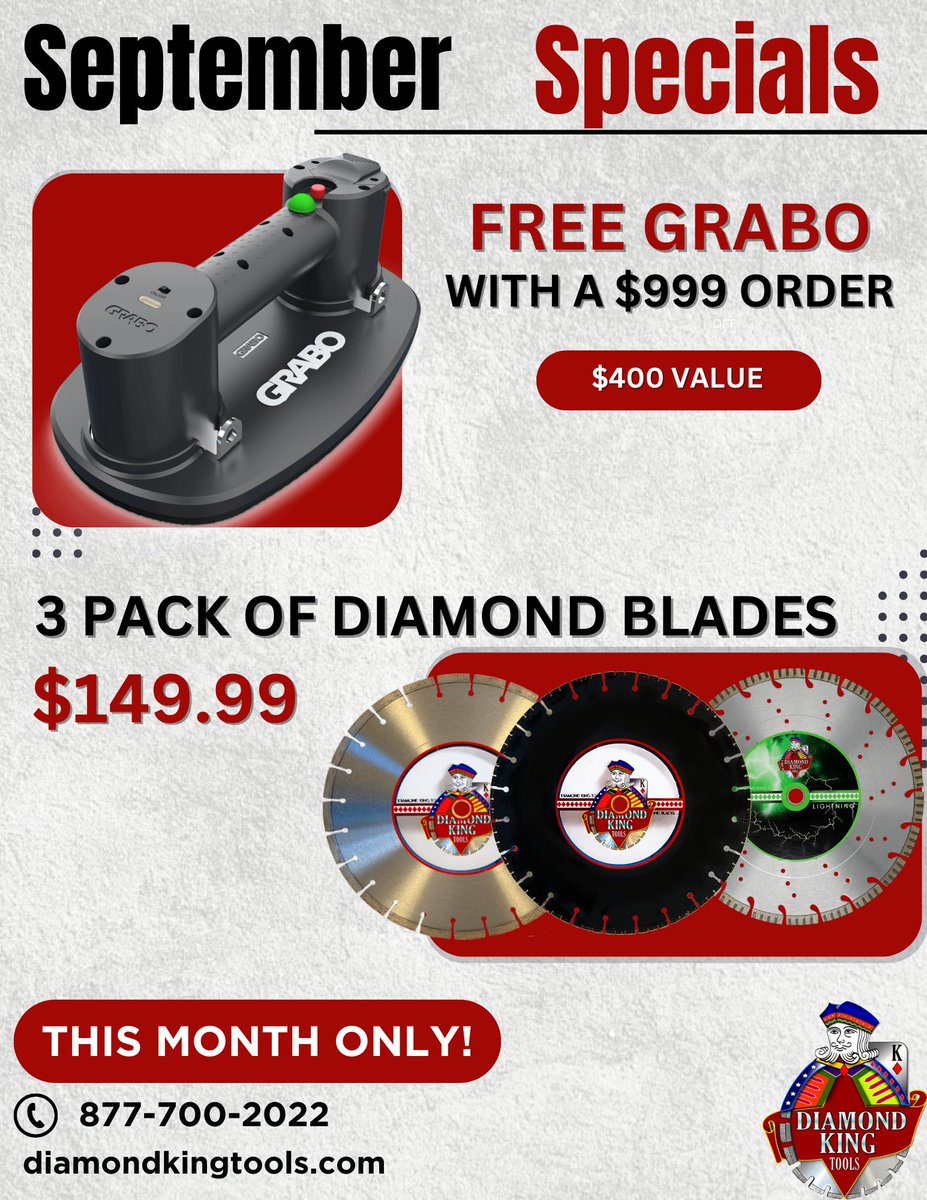 diamondkingtool's tweet photo. Save some money on your tools! Deals available for a limited time! 💎

#concretesaw #cutoffsaw #concretecutting #asphaltcutting #diamondblades #sawblades #worksafetygear #corebits #concrete #bluecollar #bluecollarlife #construction #constructionsite #constructionworker #jobsite https://t.co/uktfkmgDrp