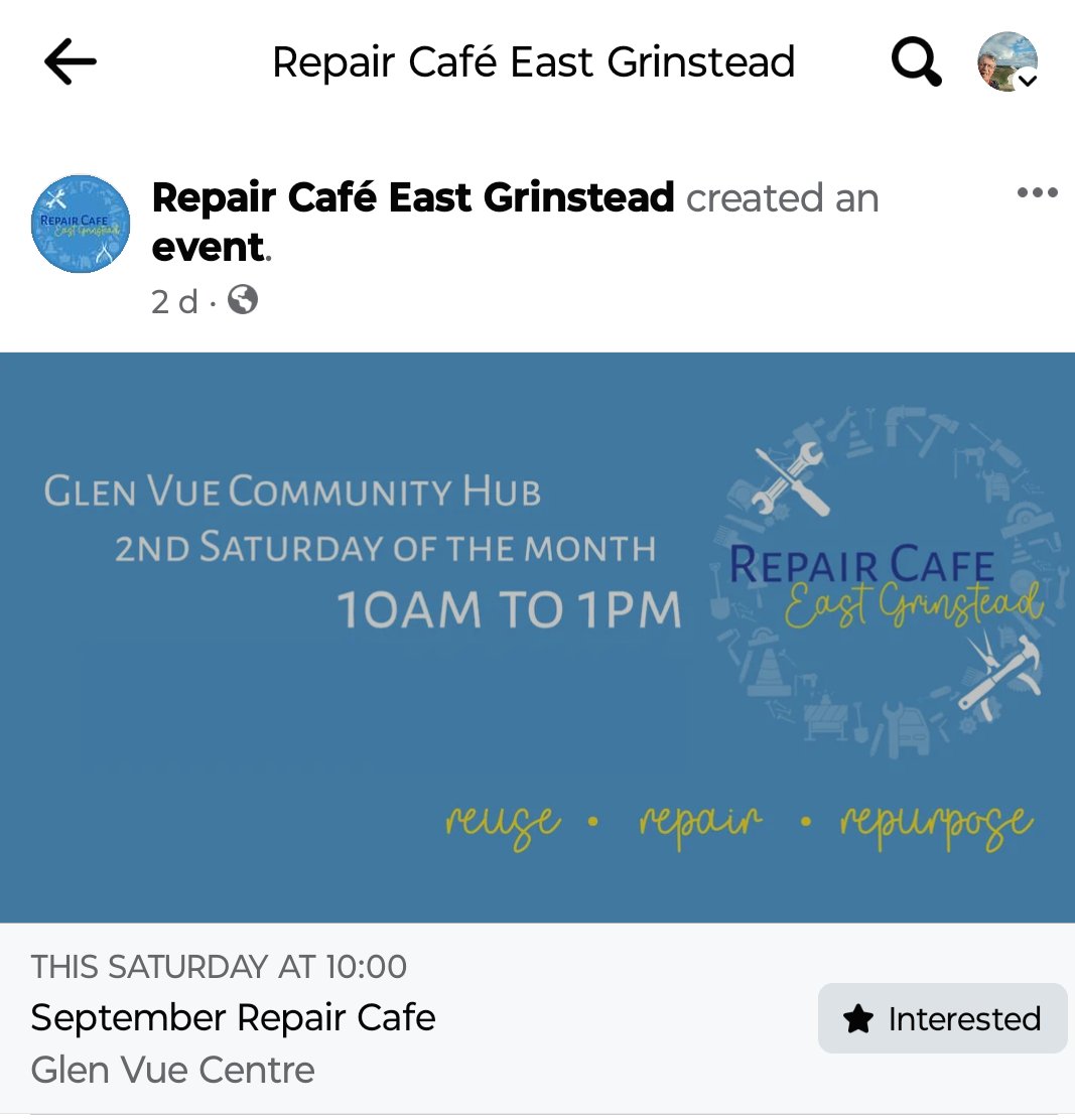 metcas's tweet photo. @AboutEG
East Grinstead repair café this Saturday at Glen Vue centre railway approach bring along your Broken items and see if they can be repaired. Volunteers with expertise in small electricals, sewing, bikes, clocks , general fixing will be in attendance
#eastgrinstead https://t.co/aaQ7CXT3nz