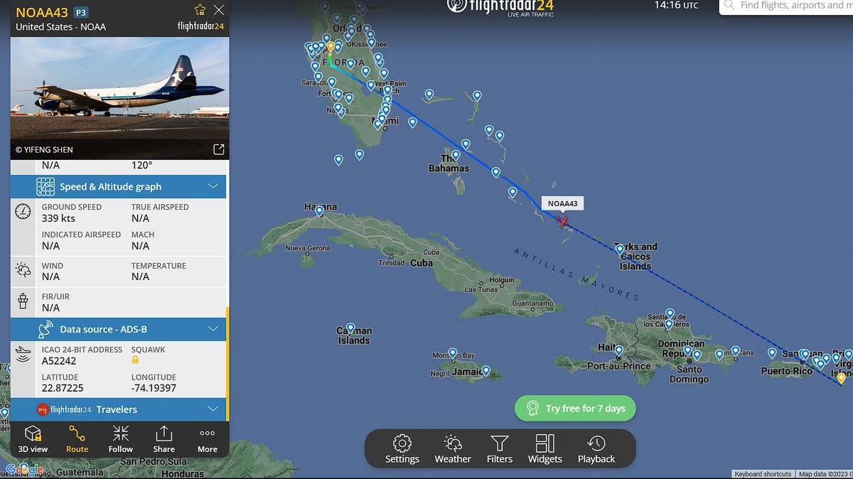 #NOAA43 (reg. N43RF) over #CrookedIsland now, on its way to #StCroix to investigate #Lee.

#NOAA43 #Lee #recon #tropicswx #tropicalwx #wxtwitter #storm