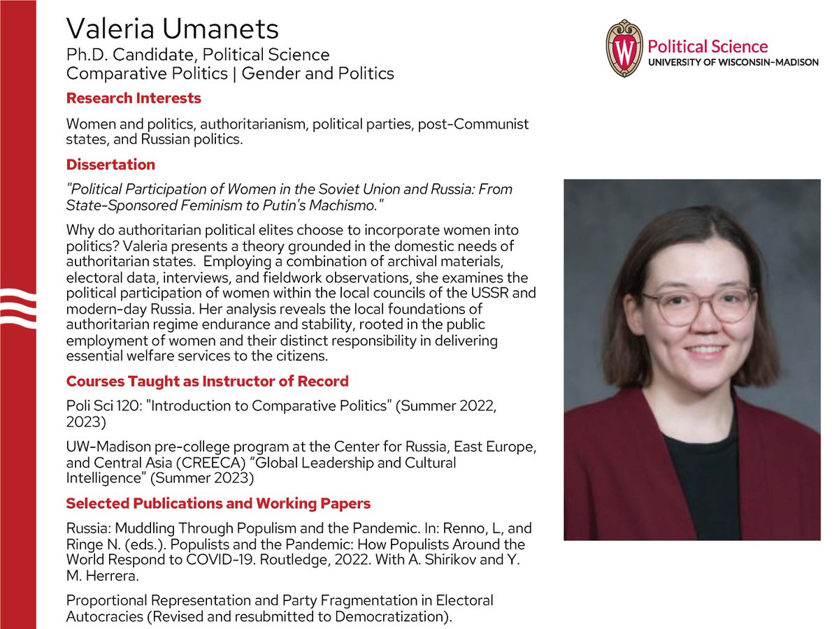 Today our featured grad student on the job market is Valeria Umanets! Valeria's research interests include women and politics, authoritarian politics, political parties, post-Communist states, and Russian politics. Check out her website here: valeriaumanets.com